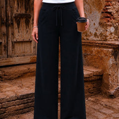 Women's Black Solid Wide Leg Drawstring Cotton Trousers