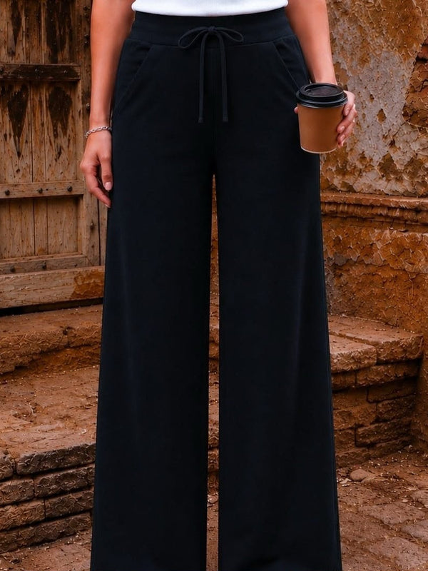 Women's Black Solid Wide Leg Drawstring Cotton Trousers