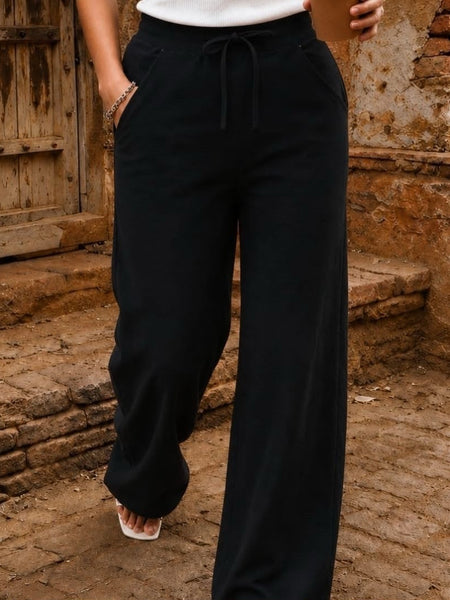 Women's Black Solid Wide Leg Drawstring Cotton Trousers