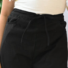Women's Black Solid Wide Leg Drawstring Cotton Trousers