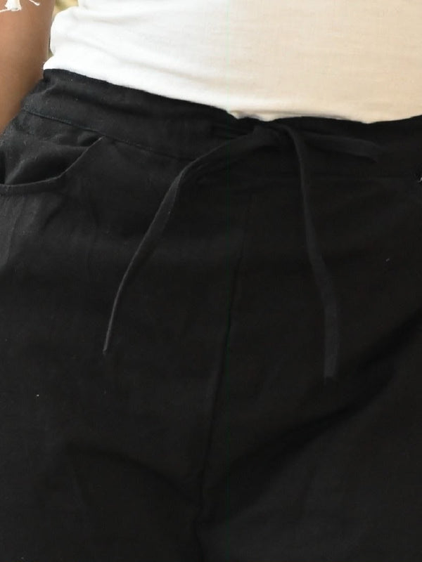 Women's Black Solid Wide Leg Drawstring Cotton Trousers